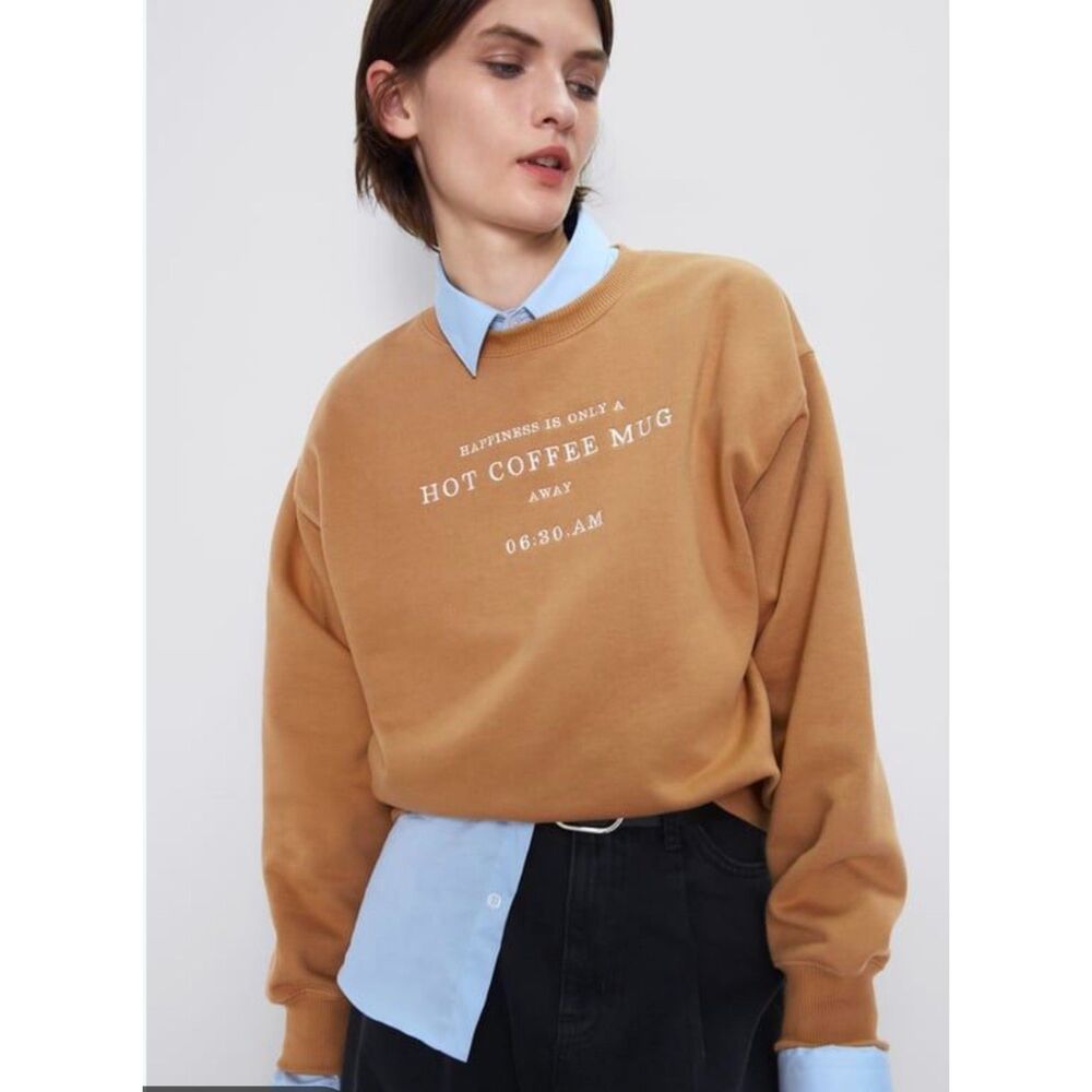 Zara Graphic Crewneck Sweatshirt | Camel Brown "Hot Coffee Mug" Size Medium EUC